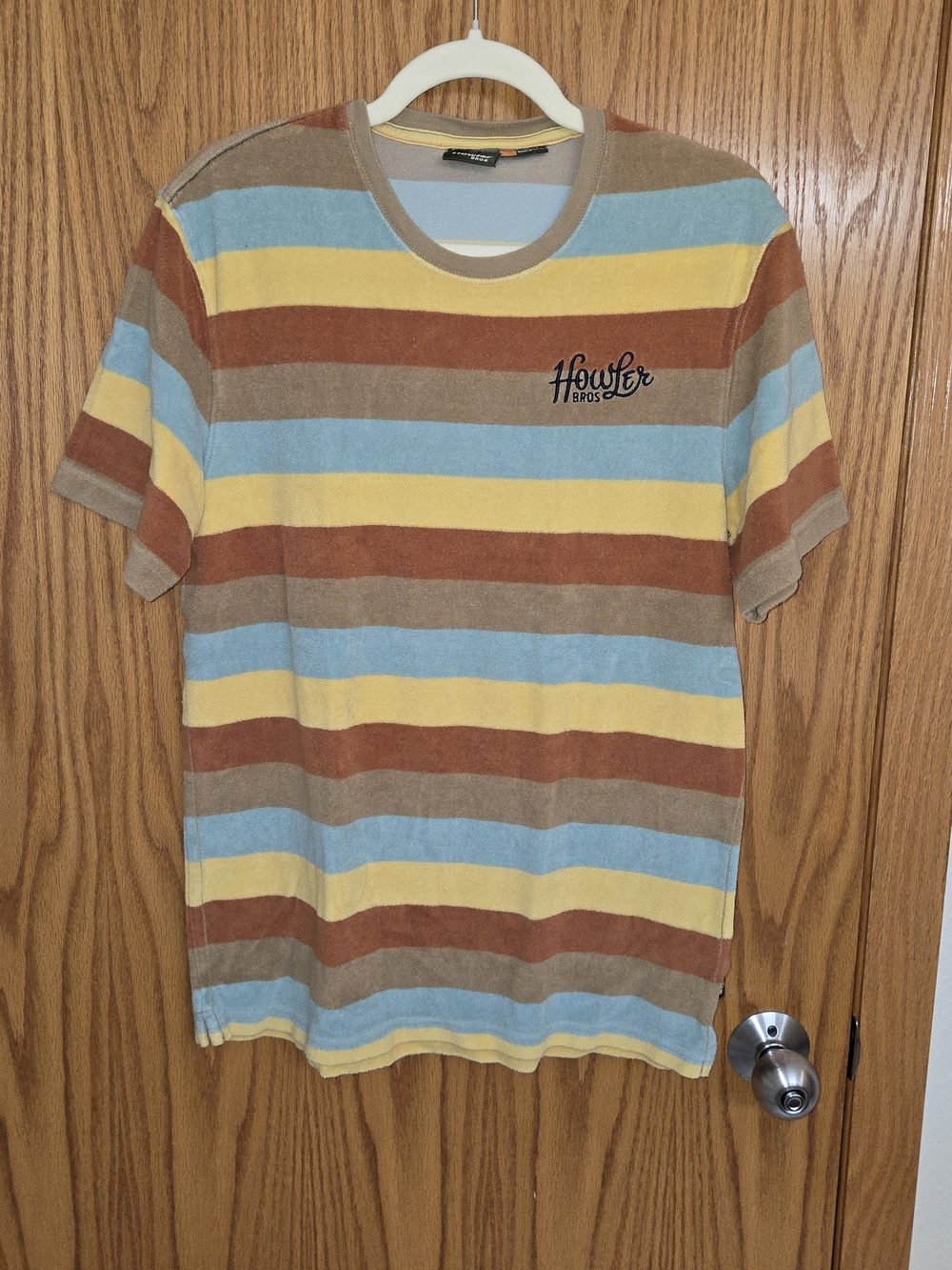 Howler Brothers Size M Men's Multi-Stripe Short Sleeve Shirt - Blue/Yellow/Brown